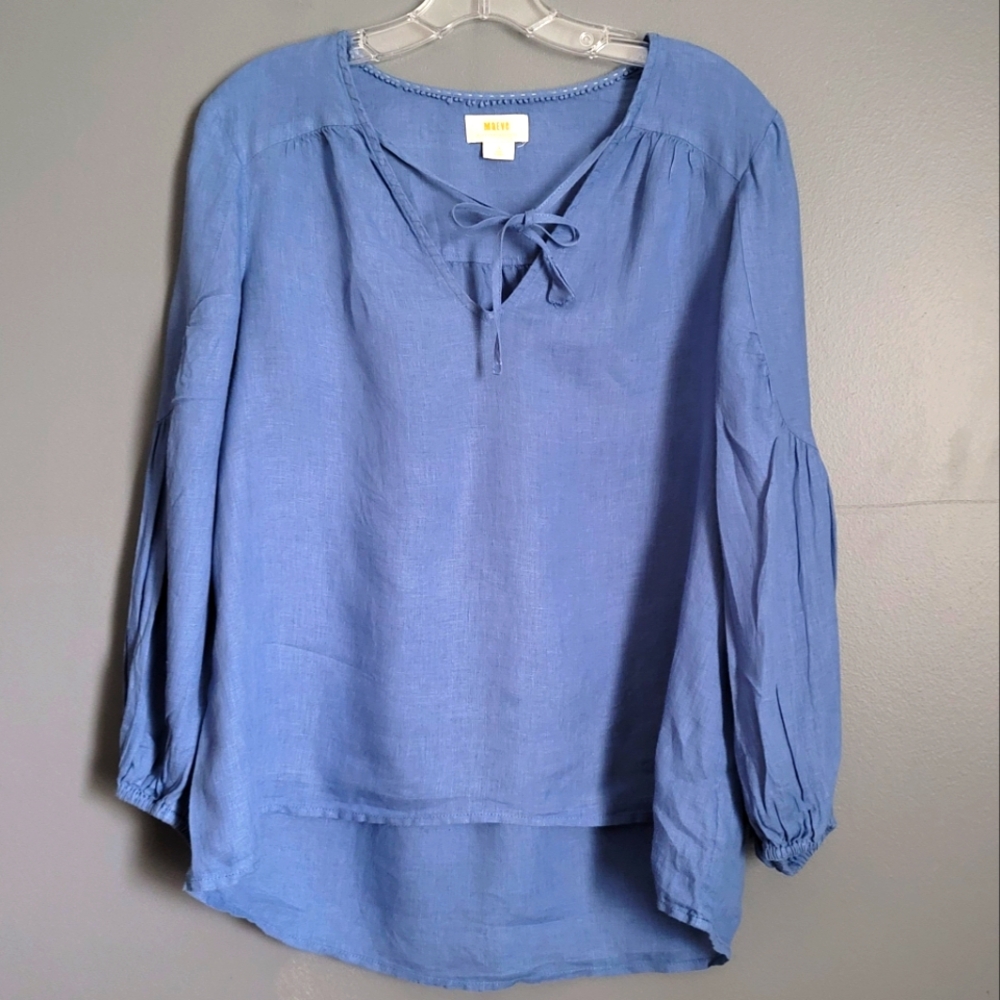 Maeve by Anthropologie 100% Line Balloon Sleeves Tie-Front Blue Top. Size S